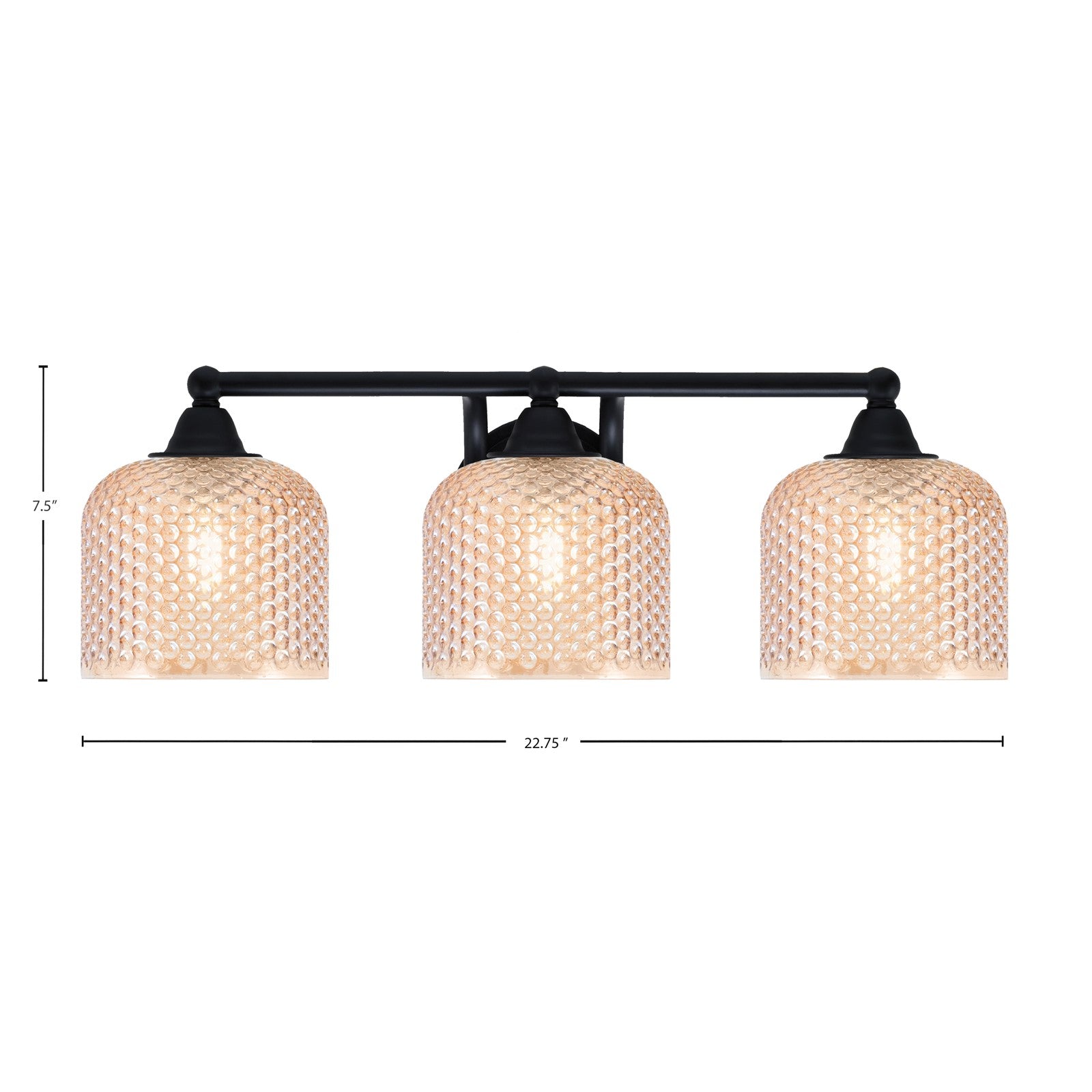 Toltec Paramount 22.75in 3-Light Bath Bar | Modern Matte Black Steel and Amber Textured Glass | Bathroom Vanity Light | 22.75 x 8.5 x 7.5 in | Model 3423-MB-4613