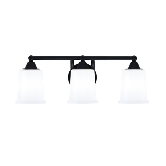 Toltec Paramount 3-Light Bath Bar | Modern Matte Black and White Opal Glass | Bathroom Vanity & Powder Room | 7.25 x 7.75 in | Model 3423-MB-5031
