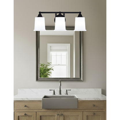 Toltec Paramount 3-Light Bath Bar | Modern Matte Black and White Opal Glass | Bathroom Vanity & Powder Room | 7.25 x 7.75 in | Model 3423-MB-5031