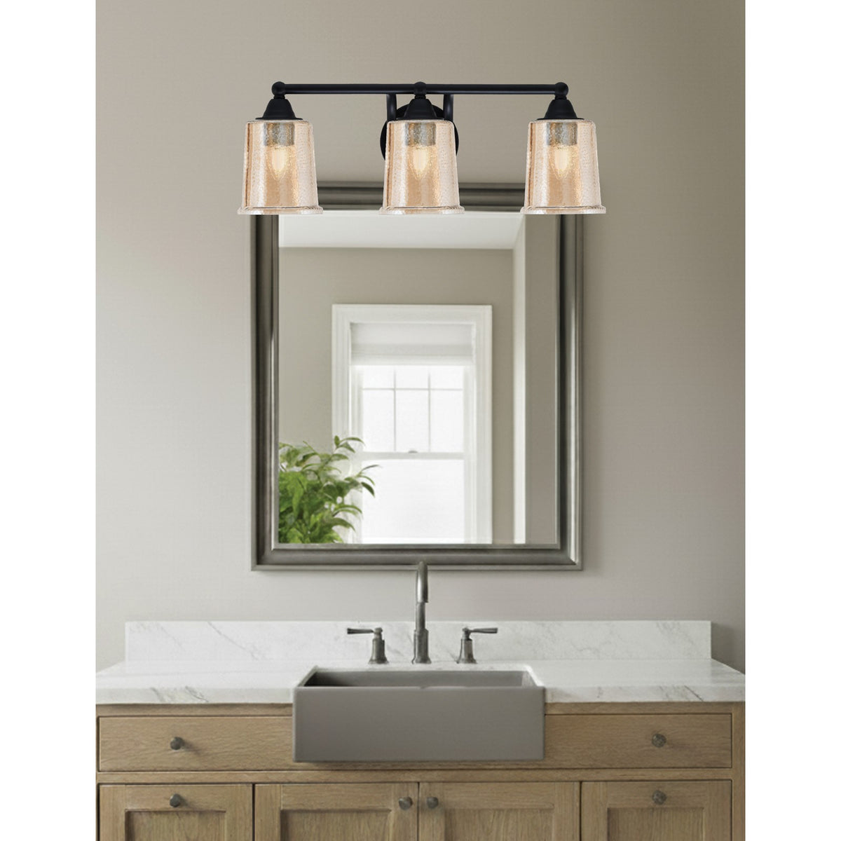Toltec Paramount 3-Light Bath Bar | Modern Matte Black and Amber Bubble Glass | Bathroom & Powder Room Vanity Light | 7.25 x 7.75 in | Model 3423-MB-5033