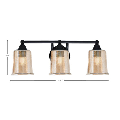 Toltec Paramount 3-Light Bath Bar | Modern Matte Black and Amber Bubble Glass | Bathroom & Powder Room Vanity Light | 7.25 x 7.75 in | Model 3423-MB-5033
