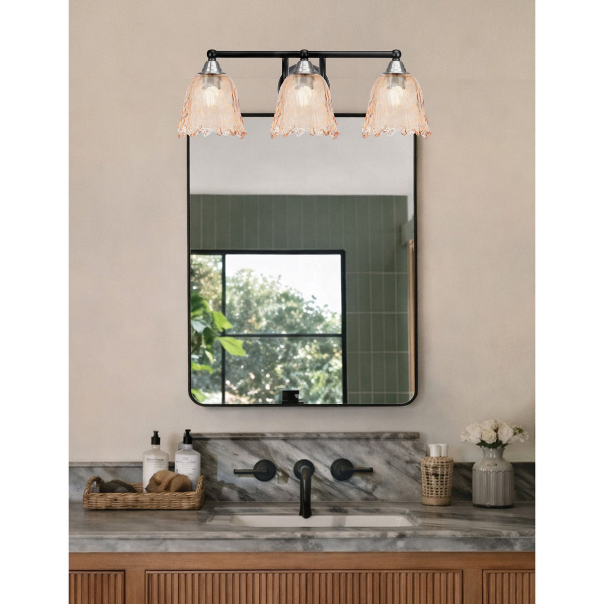 Toltec Paramount 3-Light Bath Bar | Modern Matte Black and Brushed Nickel with Amber Lava Glass | Bathroom Vanity Lighting | 8 x 8.75 in | Model 3423-MBBN-4233