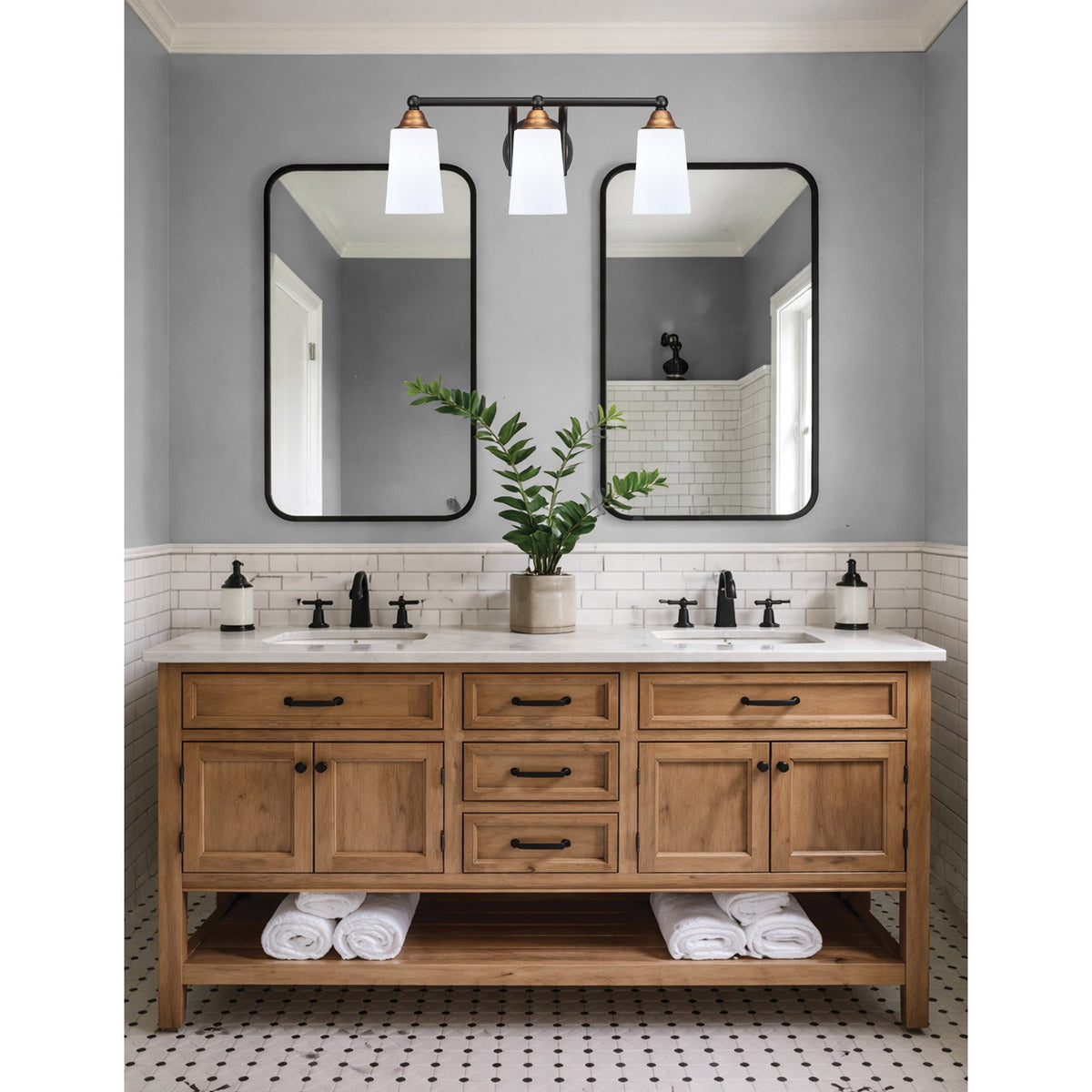 Toltec Paramount 3-Light Bath Bar | Modern Matte Black and Brass with White Opal Glass | Bathroom Vanity Lighting | 7.25 x 8.75 in | Model 3423-MBBR-261