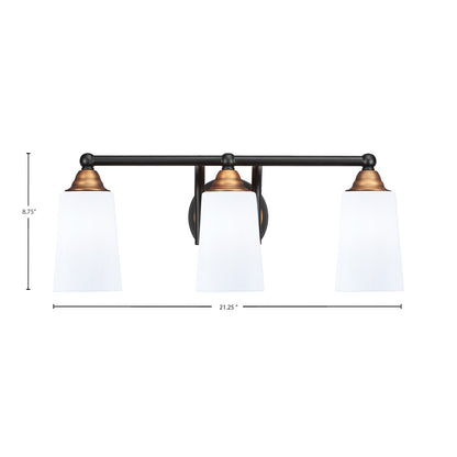Toltec Paramount 3-Light Bath Bar | Modern Matte Black and Brass with White Opal Glass | Bathroom Vanity Lighting | 7.25 x 8.75 in | Model 3423-MBBR-261