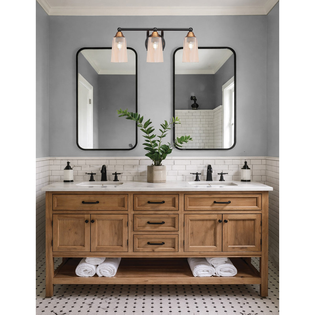 Toltec Paramount 3-Light Bath Bar | Modern Matte Black & Brass with Amber Gradient Glass | Bathroom Vanity & Powder Room | 7.25 x 8.75 in | Model 3423-MBBR-263