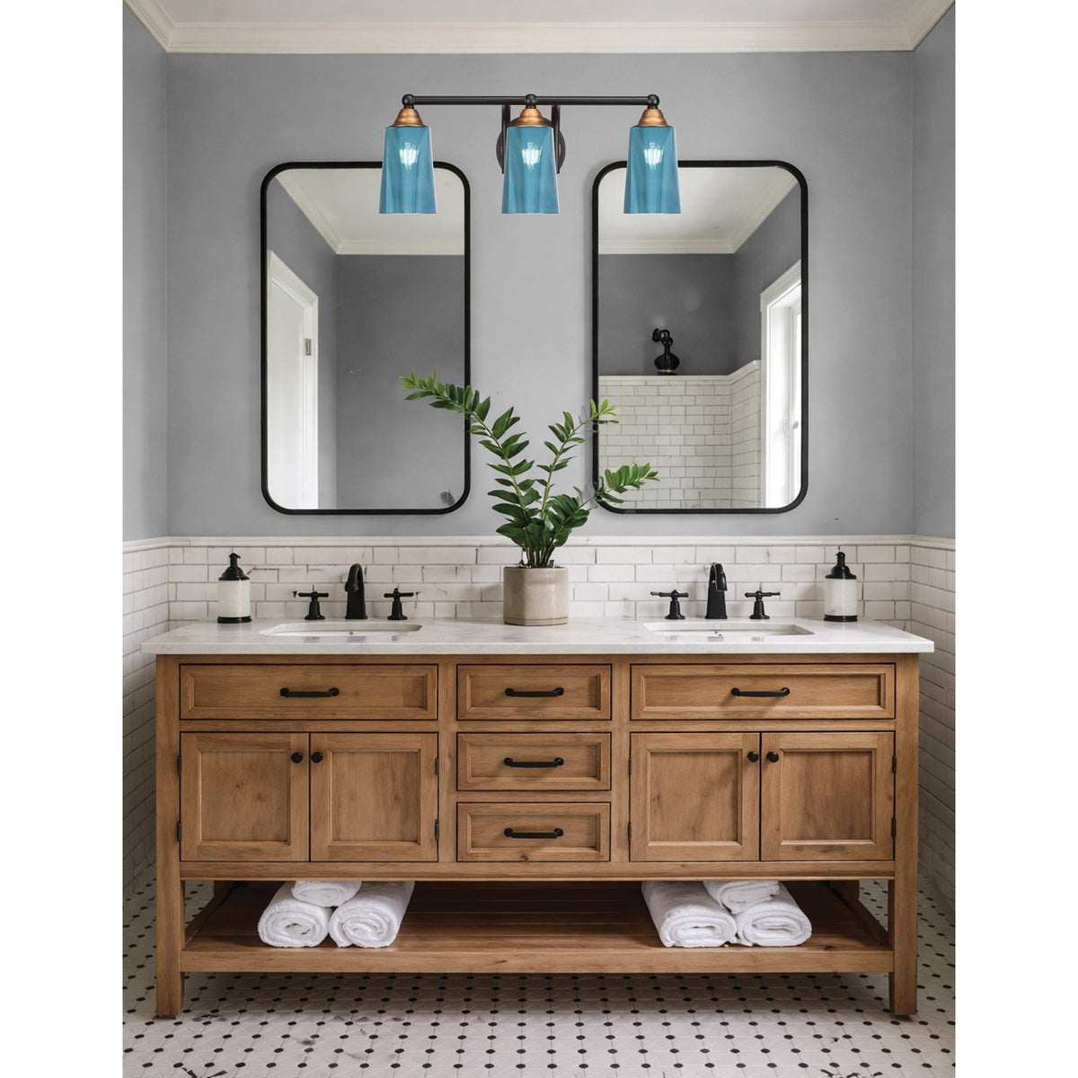 Toltec Paramount 3-Light Bath Bar | Modern Matte Black & Brass with Blue Gradient Glass | Bathroom Vanity & Powder Room | 7.25 x 8.75 in | Model 3423-MBBR-265