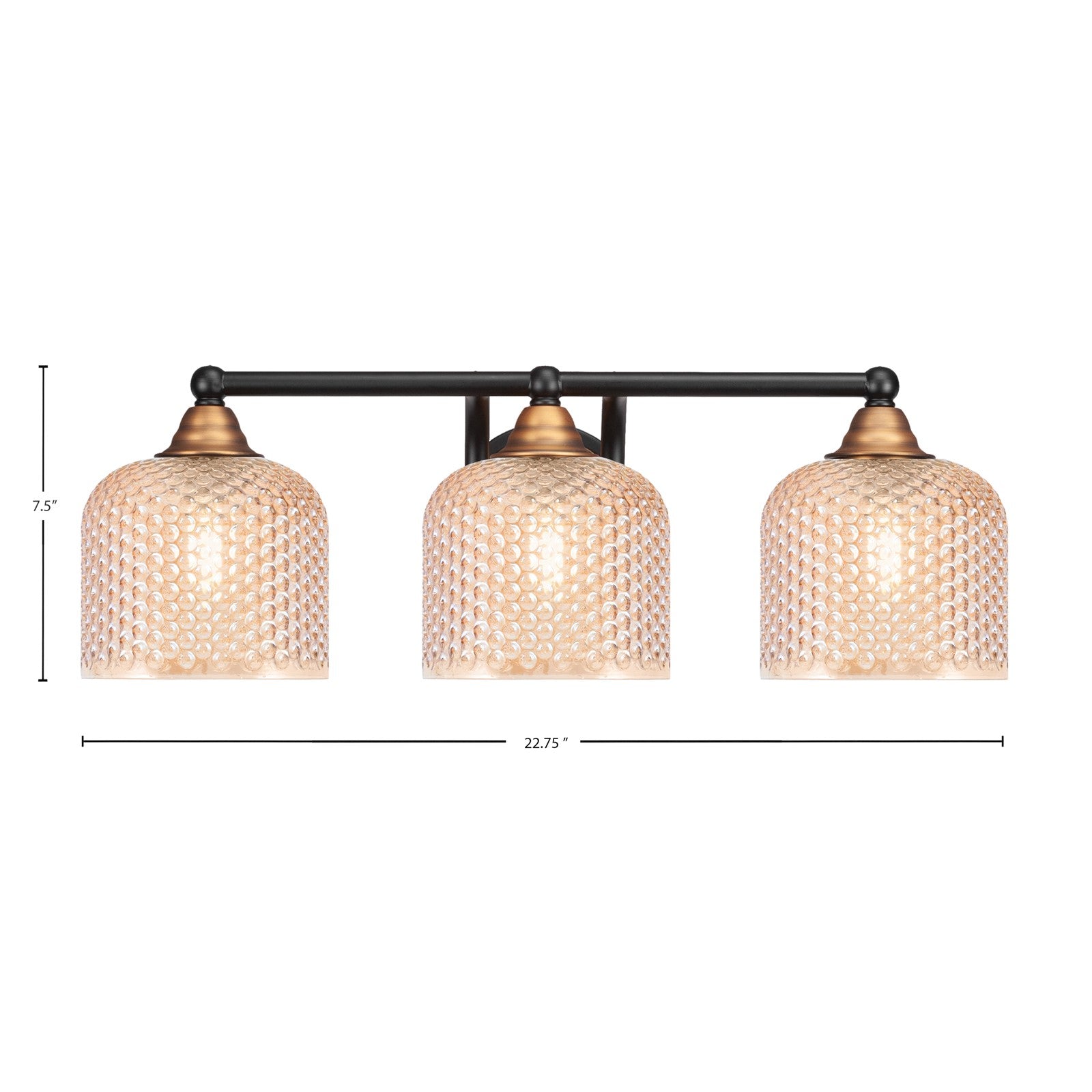 Toltec Paramount 22.75in 3-Light Bath Bar | Modern Matte Black & Brass Steel and Amber Textured Glass | Bathroom Vanity Light | 22.75 x 8.5 x 7.5 in | Model 3423-MBBR-4613