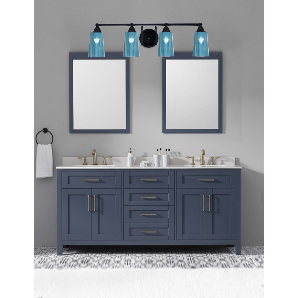 Toltec Paramount 4-Light Bath Bar | Modern Matte Black Steel and Blue Gradient Glass | Bathroom & Powder Room Vanity Light | 7.25 x 8.75 in | Model 3424-MB-265