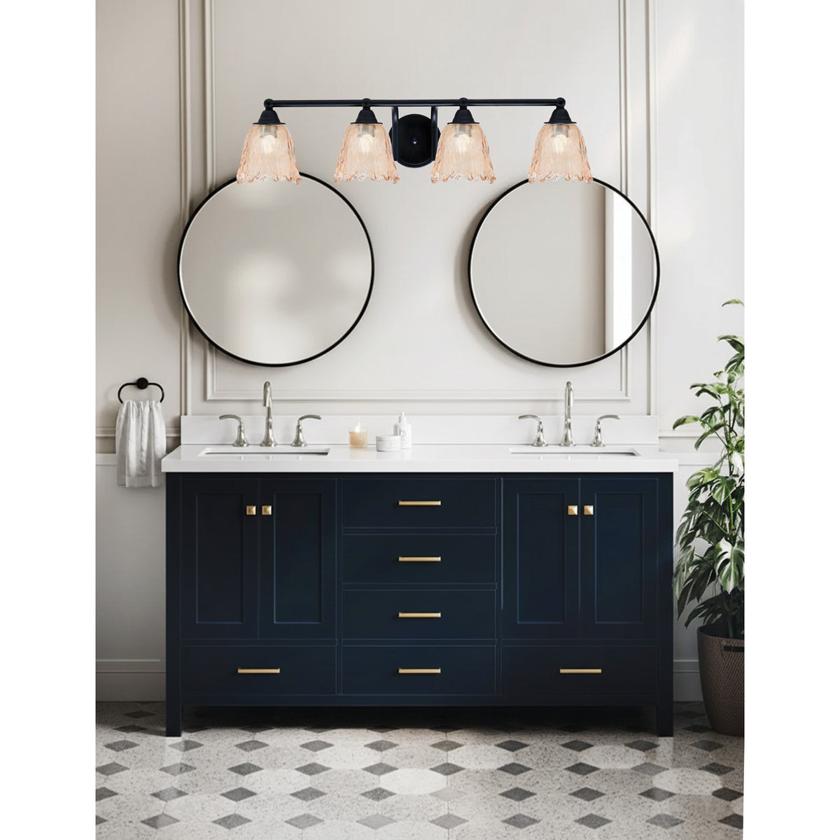 Toltec Paramount 4-Light Bath Bar | Modern Matte Black Steel and Amber Lava Glass | Bathroom Vanity Light | 8 x 8.75 in | Model 3424-MB-4233