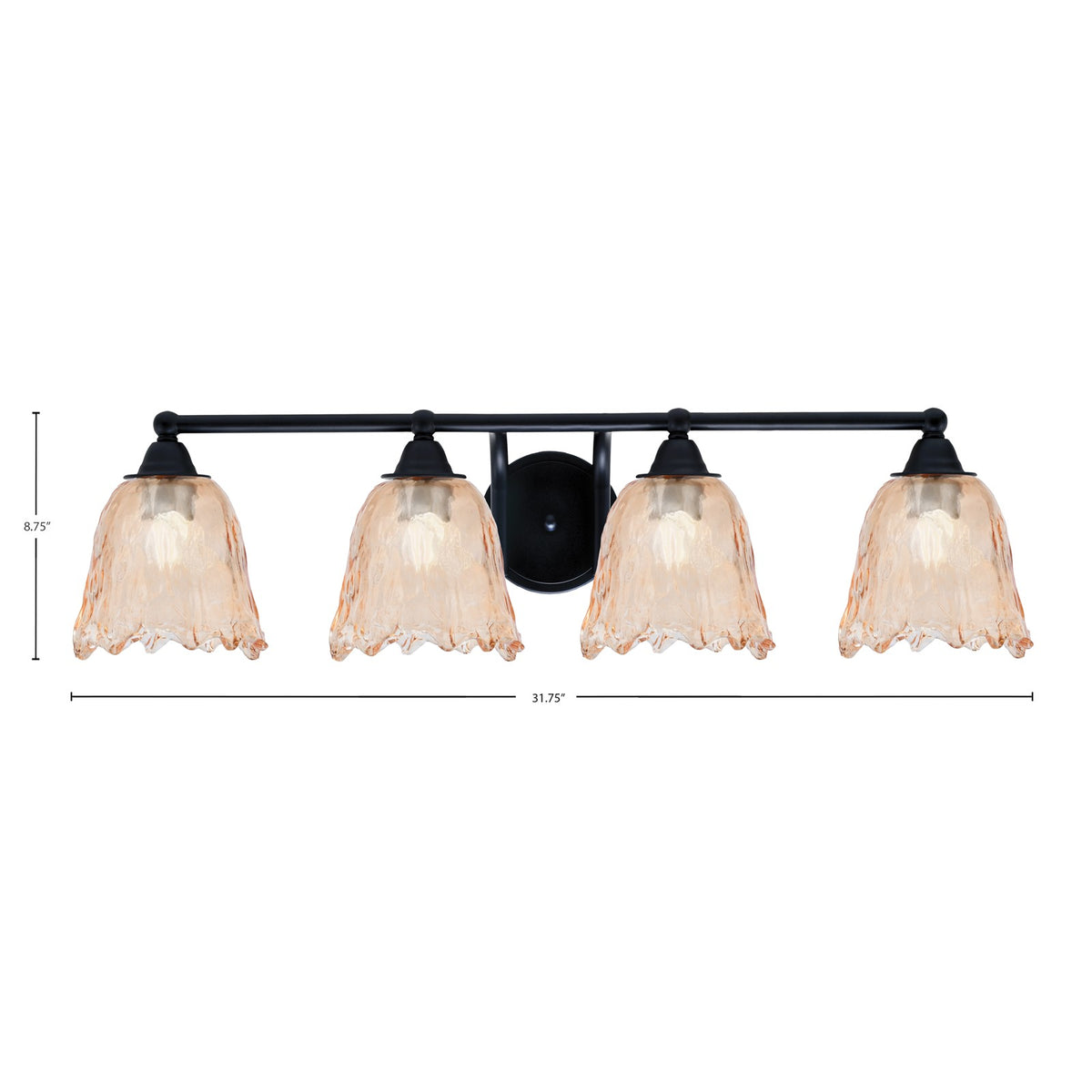 Toltec Paramount 4-Light Bath Bar | Modern Matte Black Steel and Amber Lava Glass | Bathroom Vanity Light | 8 x 8.75 in | Model 3424-MB-4233
