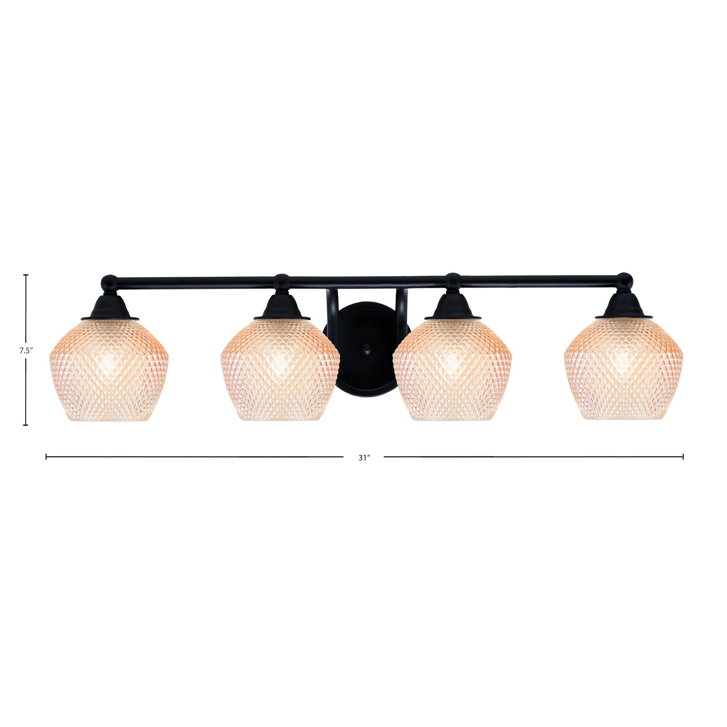 Toltec Paramount 31in 4-Light Bath Bar | Matte Black Steel and Amber Textured Glass | Bathroom Vanity | 31 x 8.5 x 7.5 in | Model 3424-MB-4623