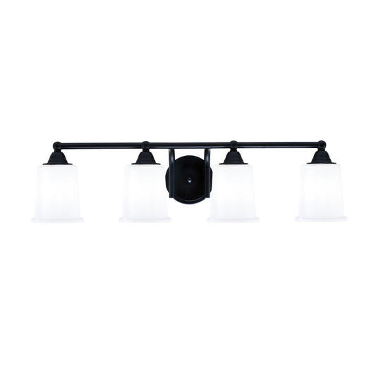 Toltec Paramount 4-Light Bath Bar | Modern Matte Black Steel and White Opal Glass | Bathroom & Powder Room Vanity Light | 7.25 x 7.75 in | Model 3424-MB-5031