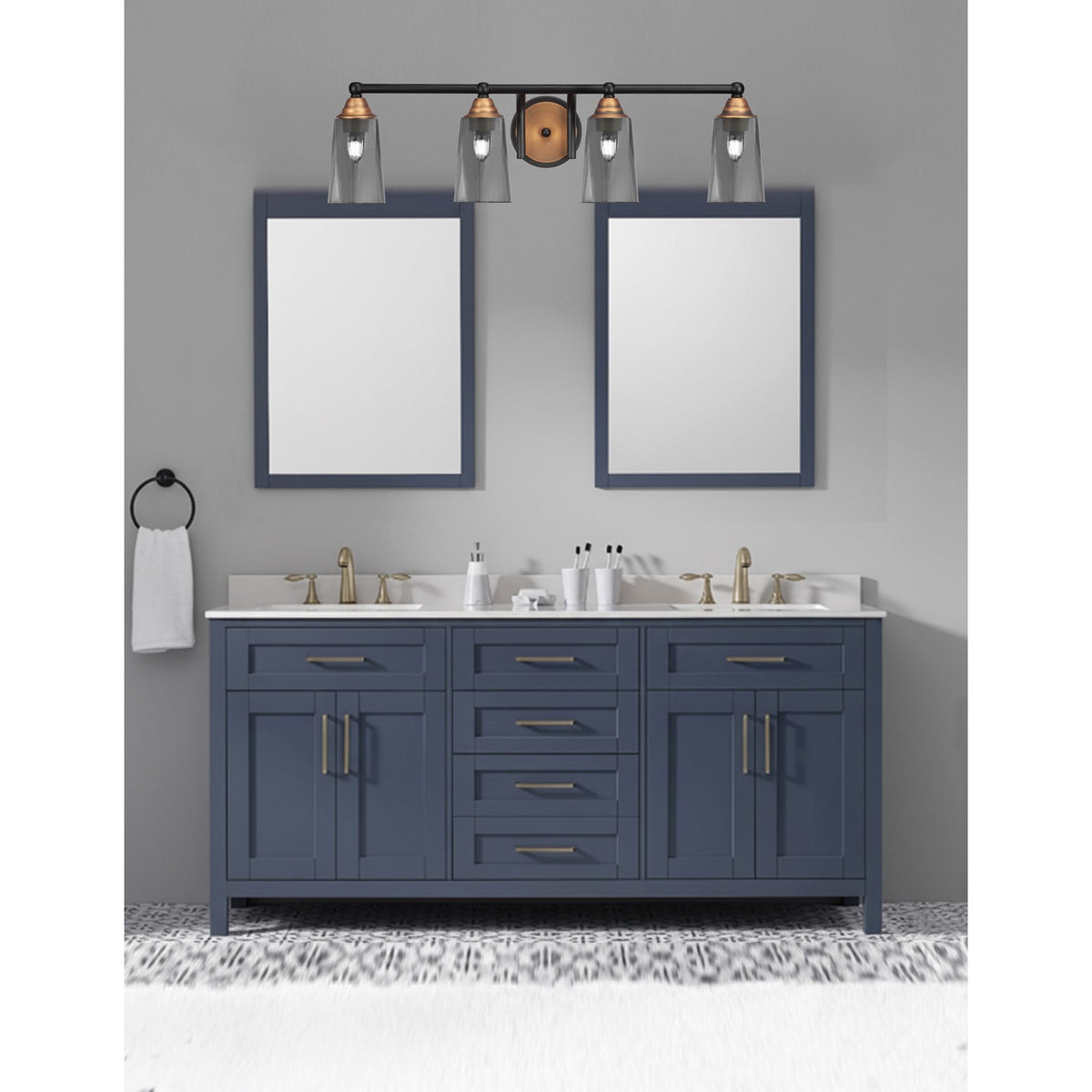 Toltec Paramount 4-Light Bath Bar | Modern Matte Black & Brass with Smoke Bubble Glass | Bathroom Vanity & Powder Room | 7.25 x 8.75 in | Model 3424-MBBR-262