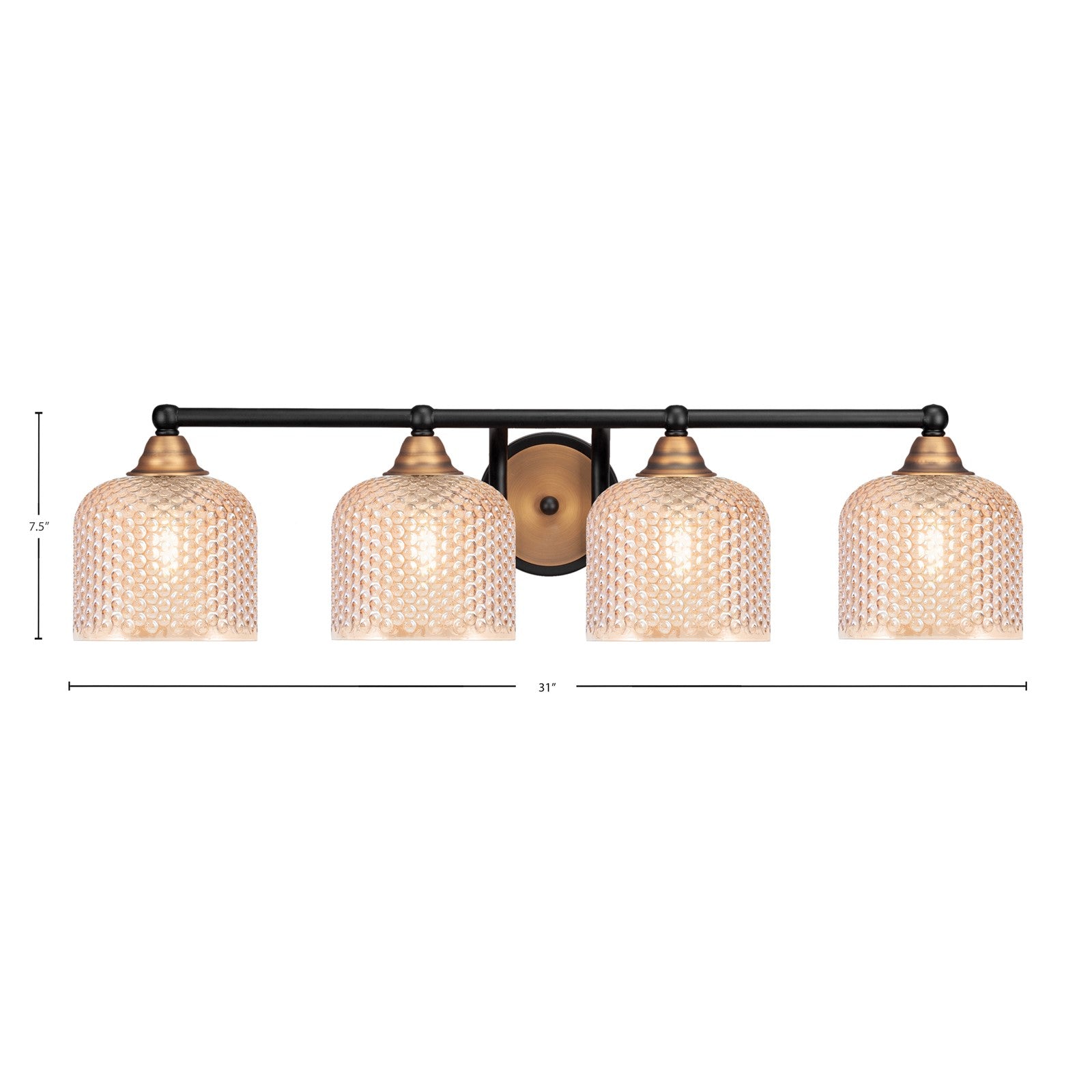 Toltec Paramount 31in 4-Light Bath Bar | Matte Black & Brass Steel and Amber Textured Glass | Bathroom Vanity Lighting | 31 x 8 x 7.5 in | Model 3424-MBBR-4613