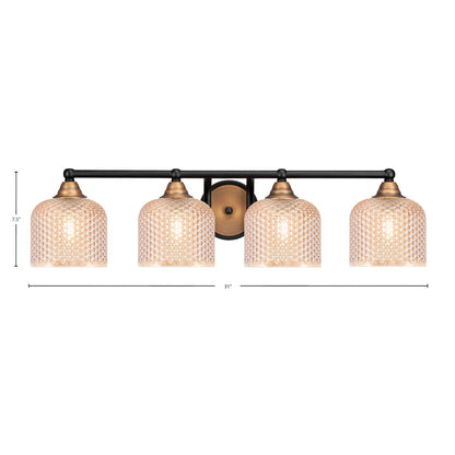 Toltec Paramount 31in 4-Light Bath Bar | Matte Black & Brass Steel and Amber Textured Glass | Bathroom Vanity Lighting | 31 x 8 x 7.5 in | Model 3424-MBBR-4613