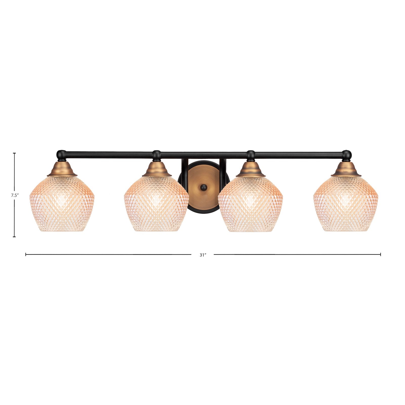 Toltec Paramount 31in 4-Light Bath Bar | Matte Black & Brass Steel and Amber Textured Glass | Bathroom Vanity | 31 x 7.5 x 8 in | Model 3424-MBBR-4623