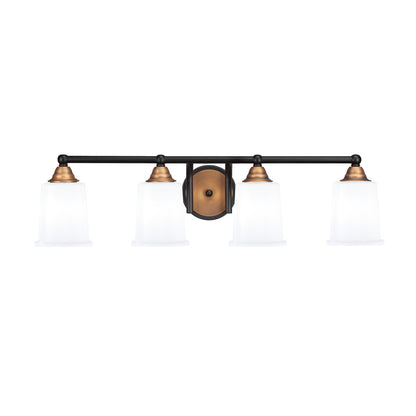 Toltec Paramount 4-Light Bath Bar | Modern Matte Black and Brass with White Opal Glass | Bathroom Vanity Light | 7.25 x 7.75 in | Model 3424-MBBR-5031