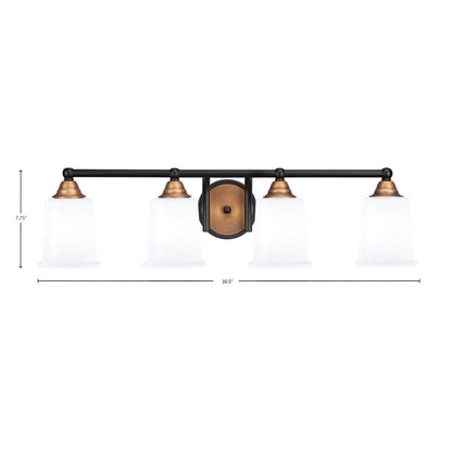 Toltec Paramount 4-Light Bath Bar | Modern Matte Black and Brass with White Opal Glass | Bathroom Vanity Light | 7.25 x 7.75 in | Model 3424-MBBR-5031
