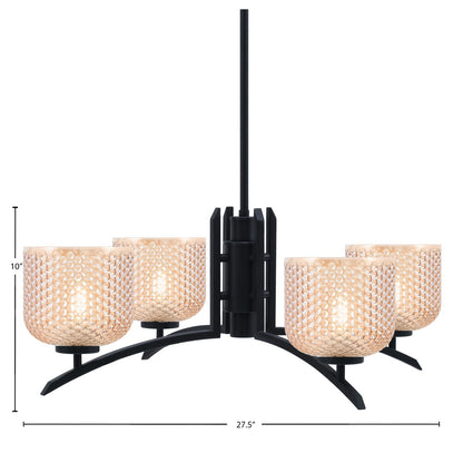 Toltec Kurve 27.5in 4-Light Chandelier | Modern Matte Black Steel and Amber Textured Glass | Dining Room & Kitchen Island | 27.5 x 10 in | Model 3704-MB-4613