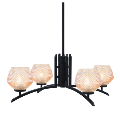 Toltec Kurve 38in 4-Light Chandelier | Matte Black Steel and Amber Textured Glass | Dining Room & Entryway | 38.25 x 6 x 7.25 in | Model 3704-MB-4623