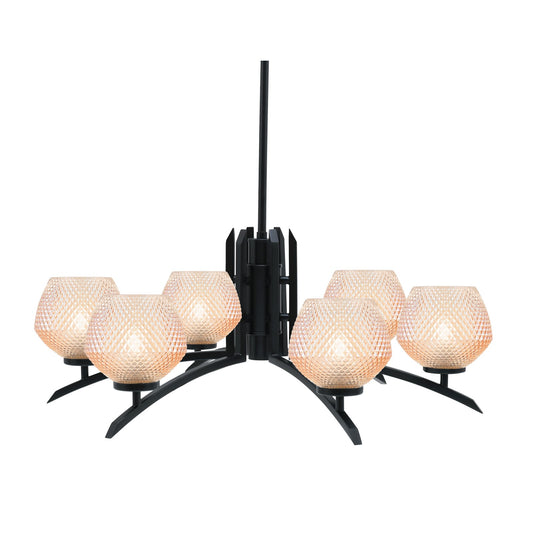 Toltec Kurve 27.5in 6-Light Chandelier | Modern Matte Black Steel and Amber Textured Glass | Dining Room & Entryway | 27.5 x 10.5 in | Model 3706-MB-4623