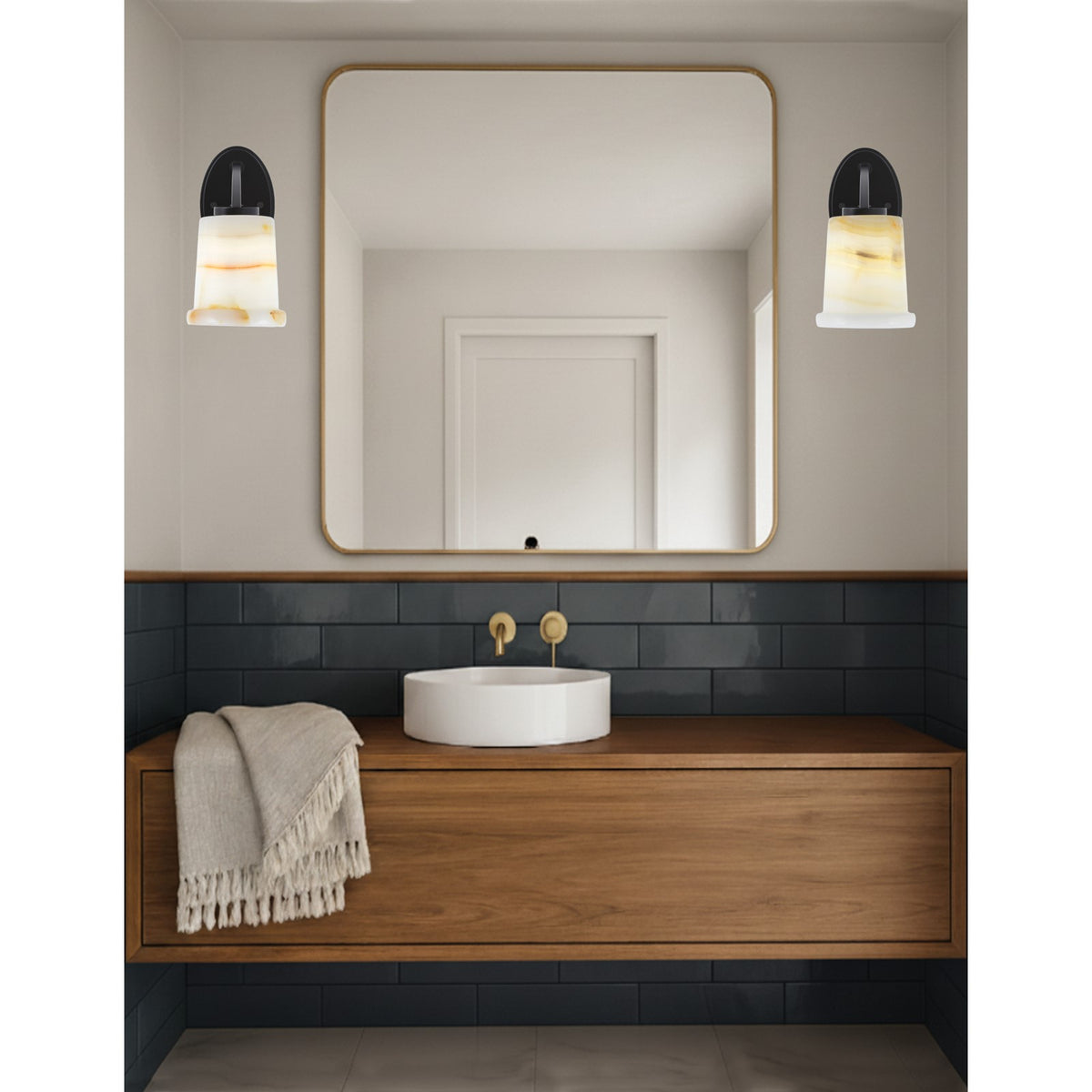 Toltec Kurve 9.25in 1-Light Wall Sconce | Modern Matte Black and Natural Stone Glass | Bedroom & Hallway Accent Light | Model 3720-MB-4128