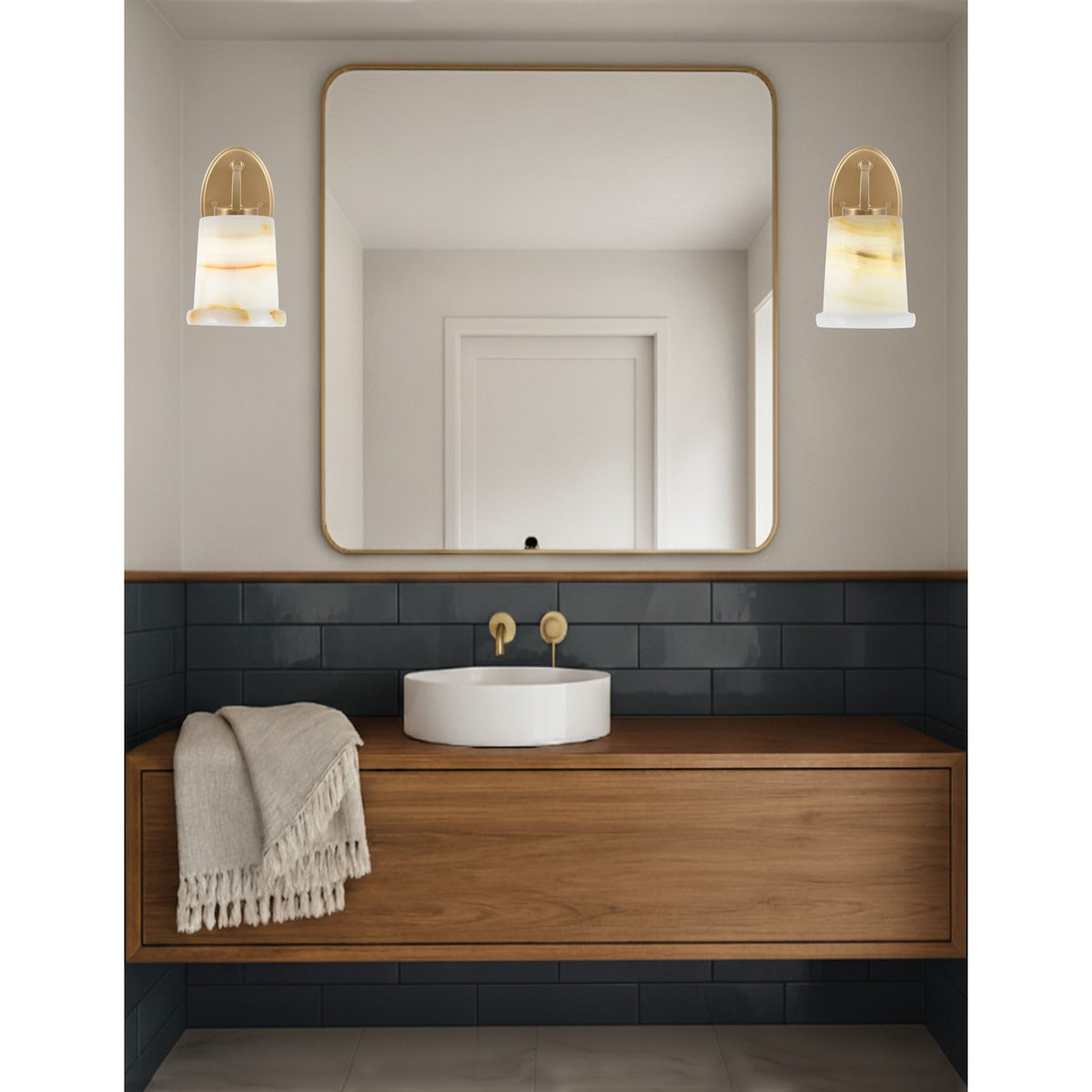 Toltec Kurve 5in 1-Light Downlight Wall Sconce | Modern New Age Brass and Natural Stone | Bathroom & Hallway | 5 x 8 x 9.25 in | Model 3720-NAB-4128