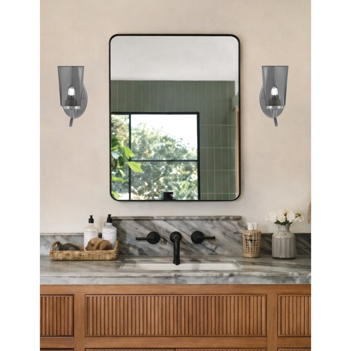 Toltec Kurve 9.5in 1-Light Uplight Wall Sconce | Modern Graphite and Smoke Bubble Glass | Bathroom & Hallway | 4.5 x 8.25 x 9.5 in | Model 3721-GP-262