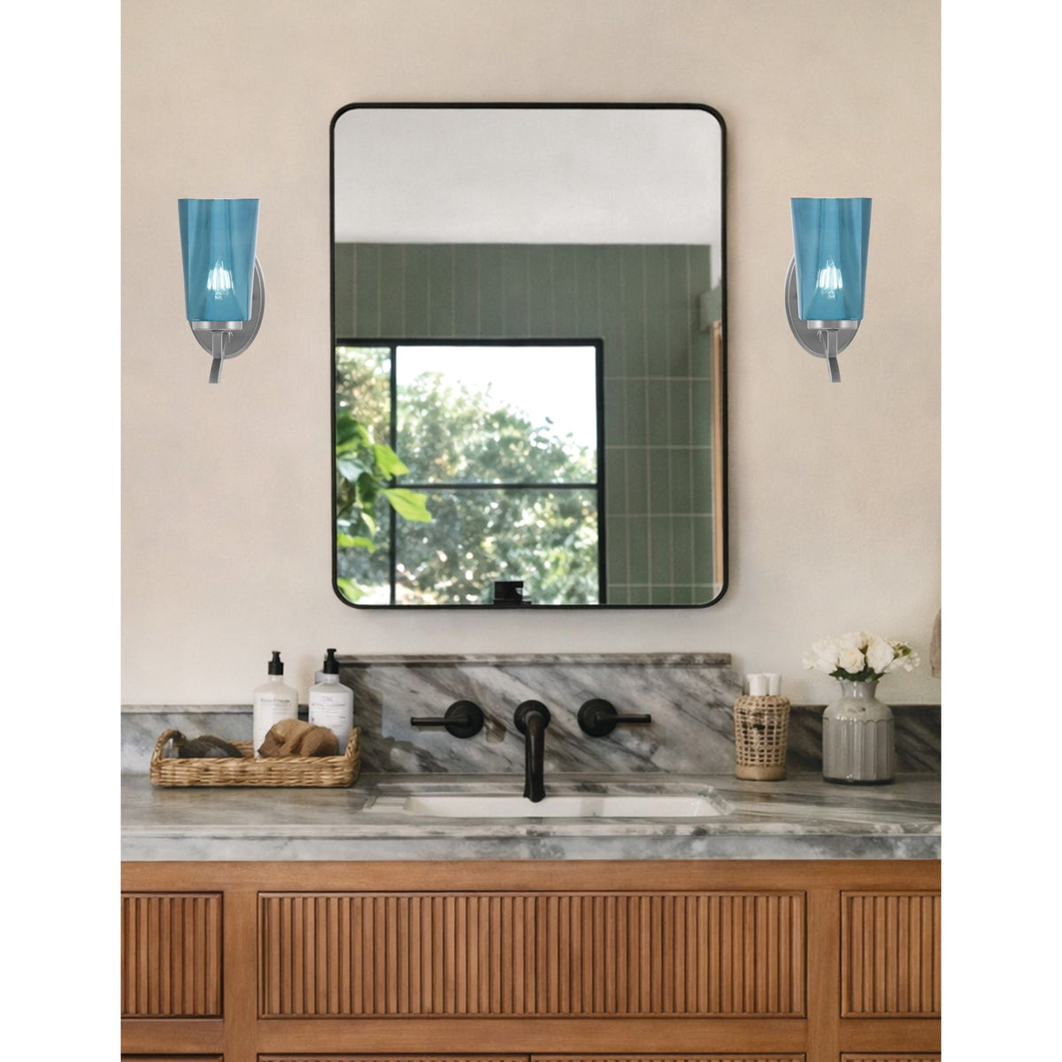Toltec Kurve 9.5in 1-Light Uplight Wall Sconce | Modern Graphite and Blue Gradient Glass | Bathroom & Hallway | Model 3721-GP-265