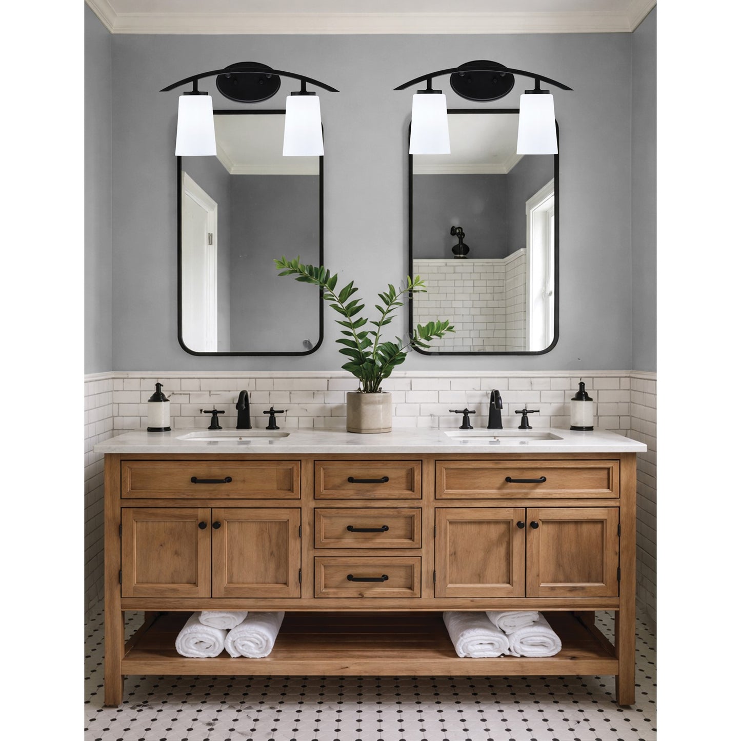 Toltec Kurve 2-Light Bath Bar | Modern Matte Black Steel and White Opal Glass | Bathroom Vanity & Powder Room | 10.5in H x 7.25in D | Model 3722-MB-261