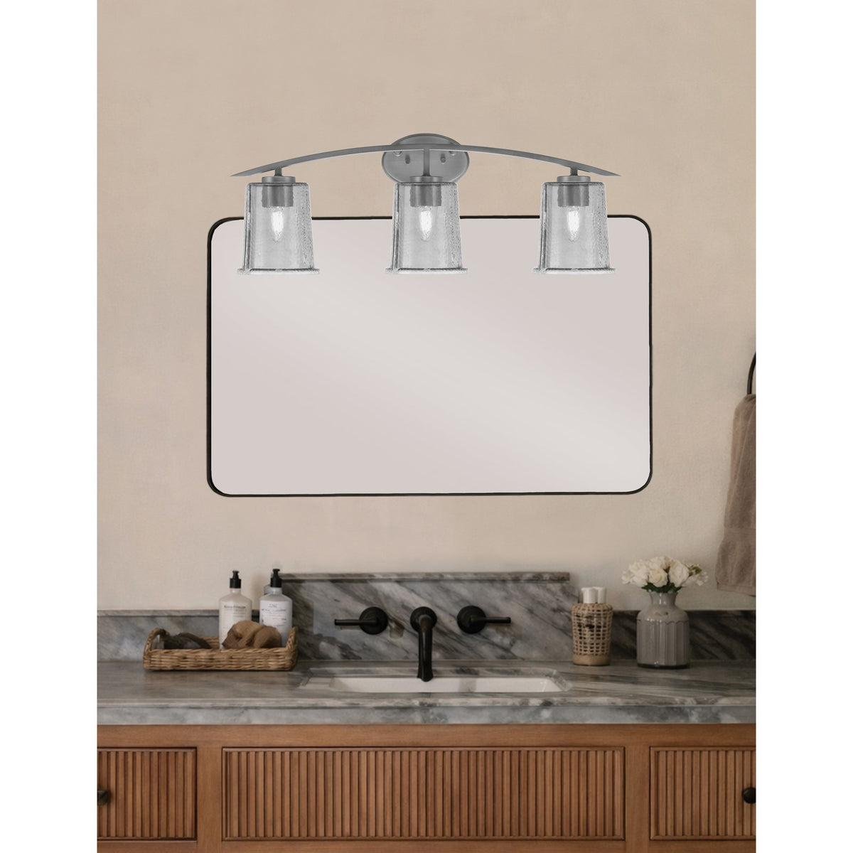 Toltec Kurve 3-Light Bath Bar | Modern Graphite Finish and Smoke Bubble Glass | Bathroom Vanity Lighting | 7 x 9.5 in | Model 3723-GP-5032