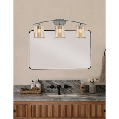 Toltec Kurve 3-Light Bath Bar | Modern Graphite Finish and Amber Bubble Glass | Bathroom Vanity Lighting | 7 x 9.5 in | Model 3723-GP-5033
