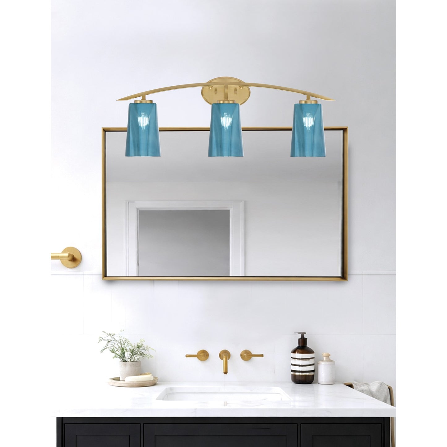 Toltec Kurve 3-Light Bath Bar | Contemporary New Age Brass and Blue Gradient Glass | Bathroom Vanity & Powder Room | 7.25 x 10.5 in | Model 3723-NAB-265