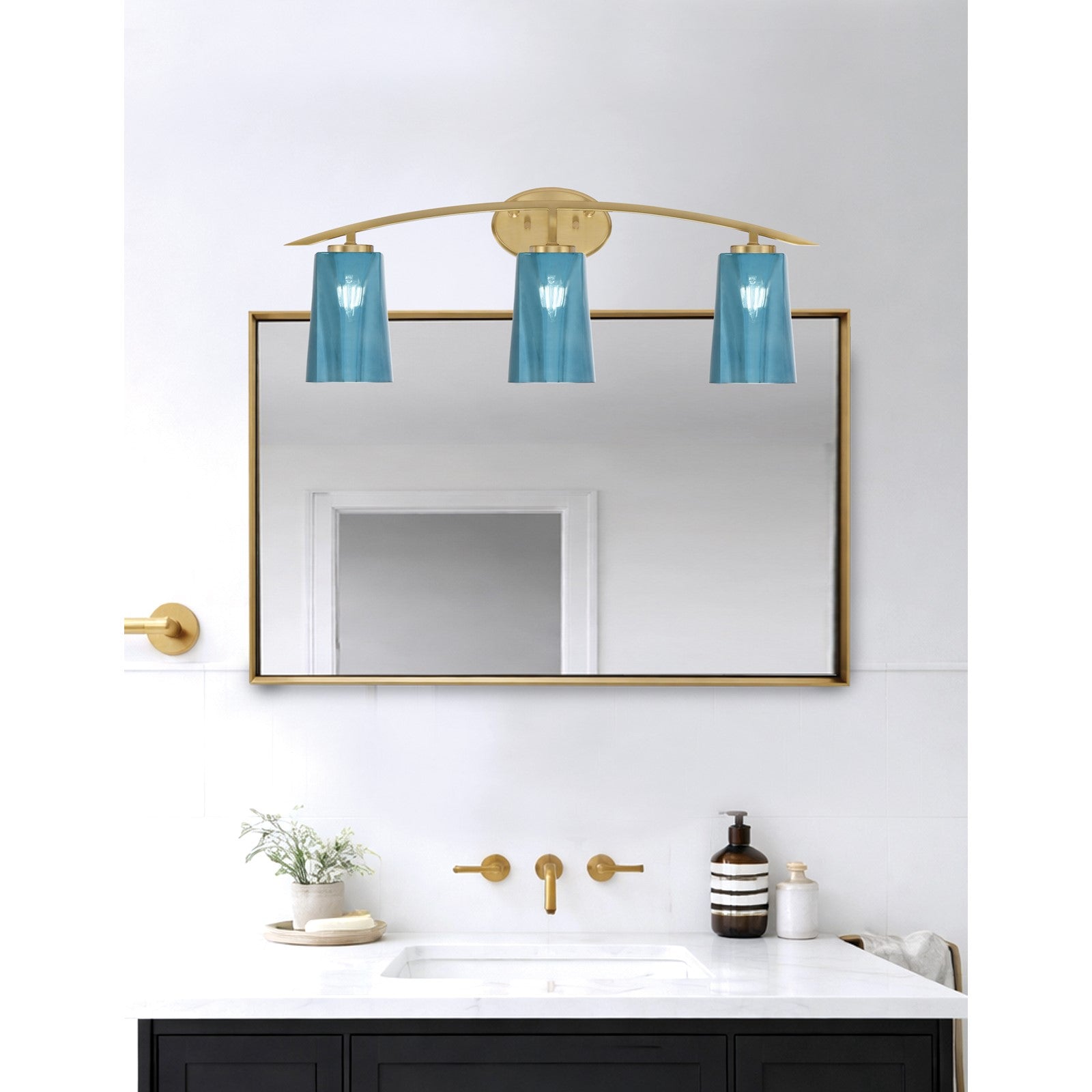 Toltec Kurve 3-Light Bath Bar | Contemporary New Age Brass and Blue Gradient Glass | Bathroom Vanity & Powder Room | 7.25 x 10.5 in | Model 3723-NAB-265