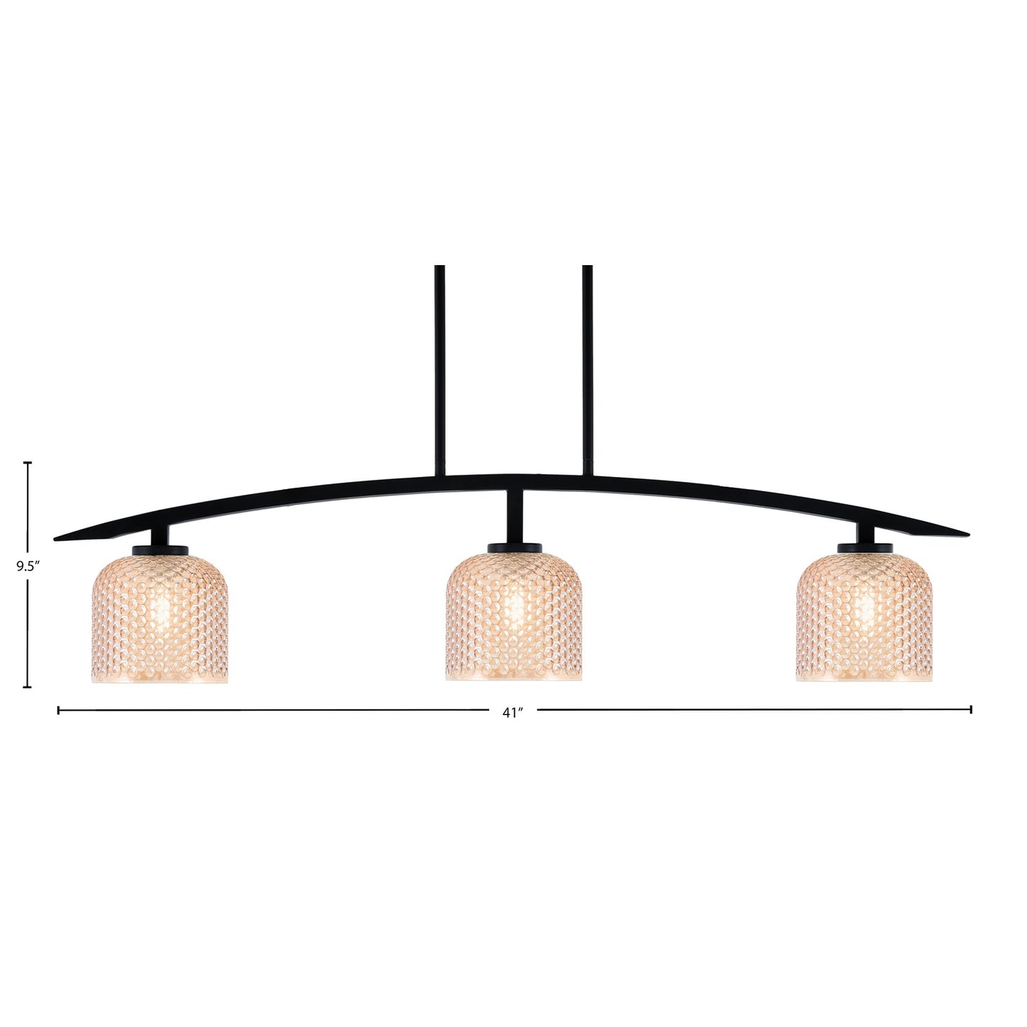 Toltec Kurve 41in 3-Light Island Light | Modern Matte Black Steel and Amber Textured Glass | Kitchen Island & Dining Room | 6 x 41 x 9.5 in | Model 3736-MB-4613