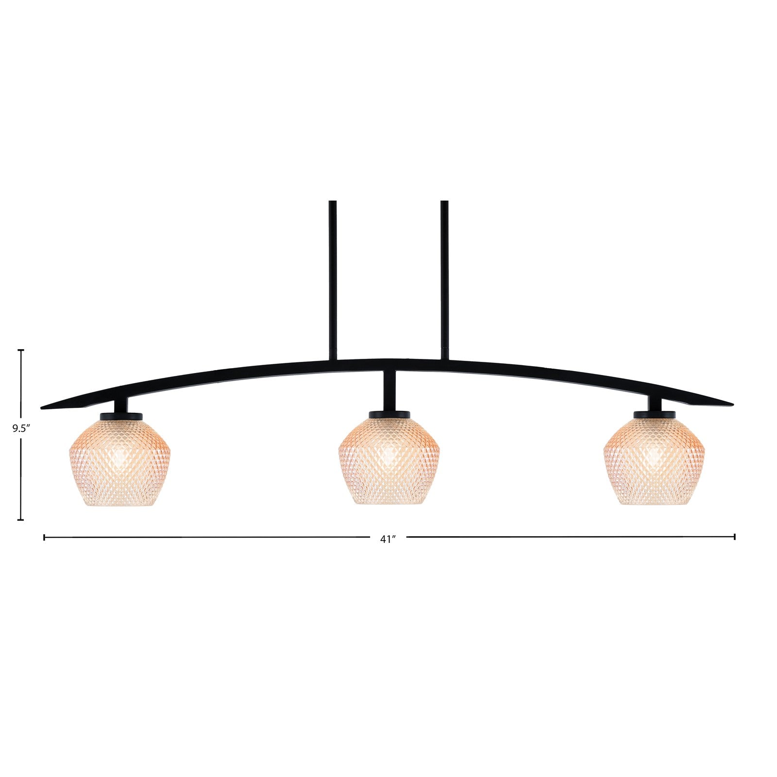 Toltec Kurve 41in 3-Light Island Light | Matte Black Steel and Amber Textured Glass | Kitchen Island & Dining Room | 41 x 6 x 9.5 in | Model 3736-MB-4623