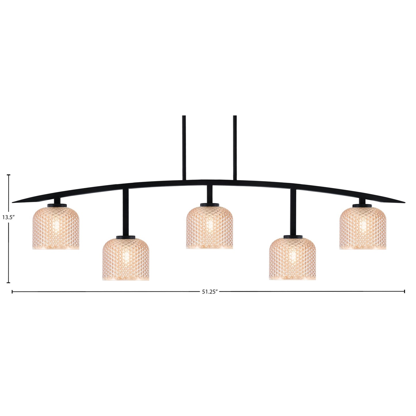 Toltec Kurve 51.25in 5-Light Bar Light | Modern Matte Black Steel and Amber Textured Glass | Kitchen Island & Dining Room | 6 x 51.25 x 13.5 in | Model 3745-MB-4613