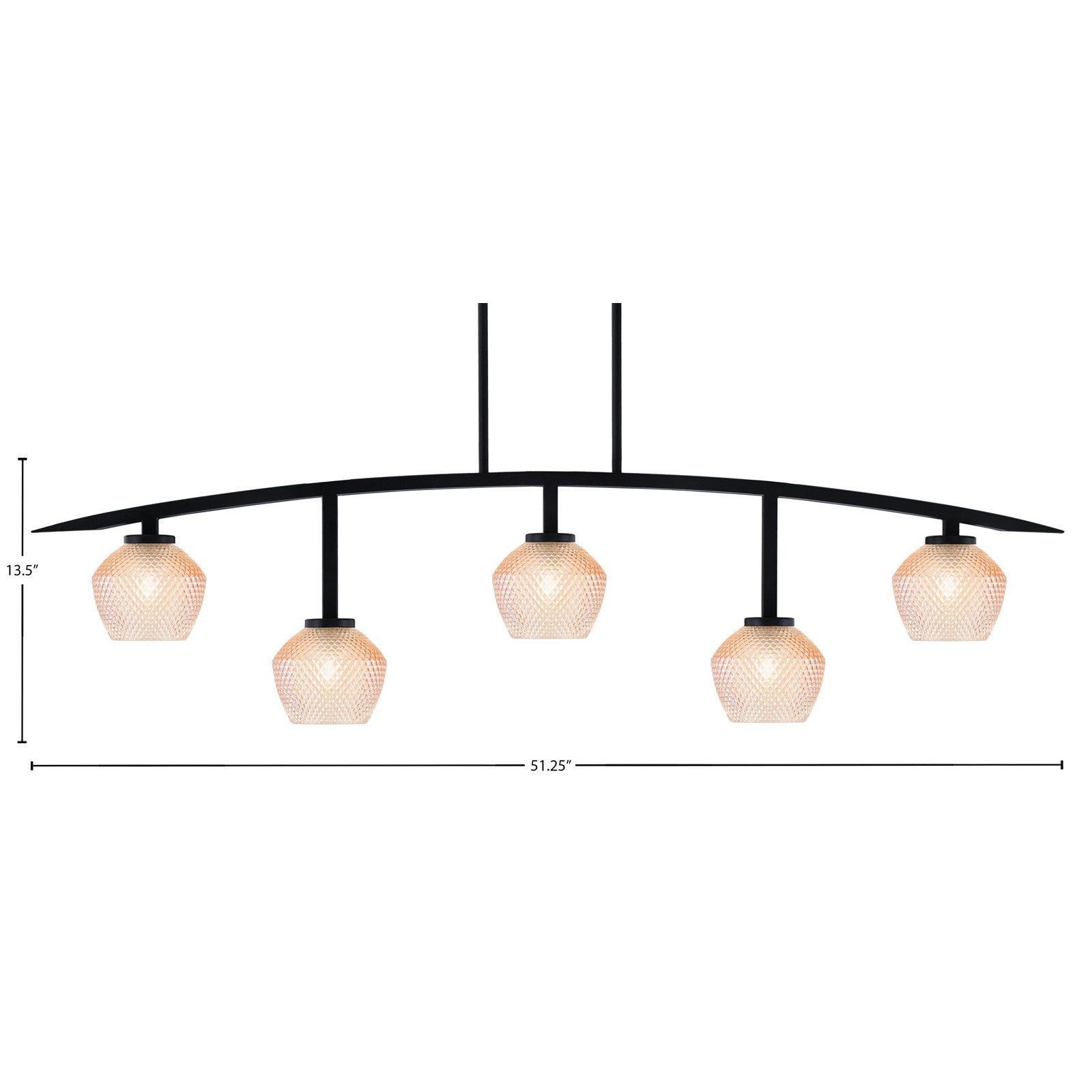 Toltec Kurve 41in 5-Light Bar | Modern Matte Black Steel and Amber Textured Glass | Kitchen Island & Dining Room | 6 x 41 x 9.5 in | Model 3745-MB-4623