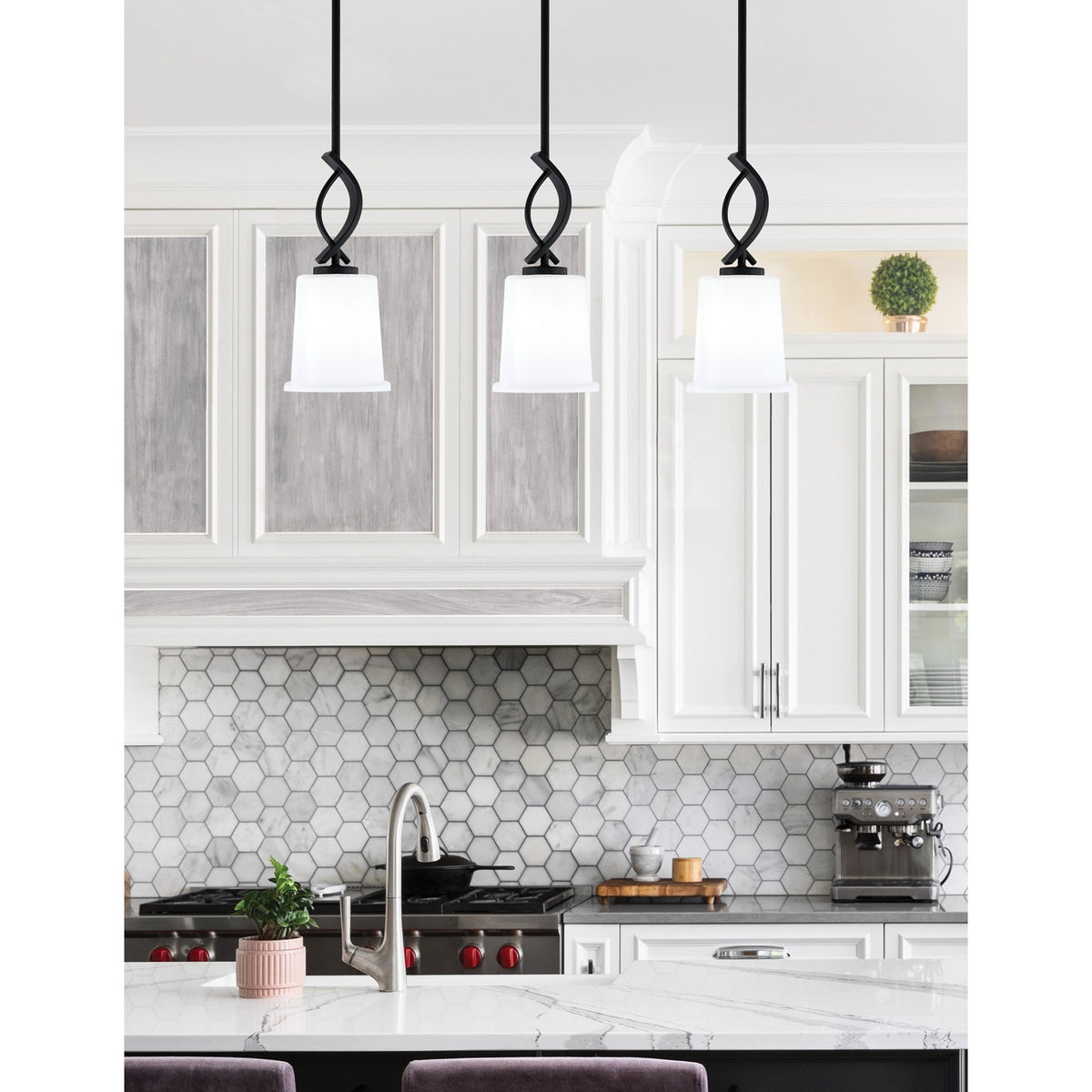 Toltec Cavella 5in 1-Light Mini Pendant | Modern Matte Black and White Opal Glass | Kitchen Island & Dining Room | 5 x 12.75 in | Model 3901-MB-5031