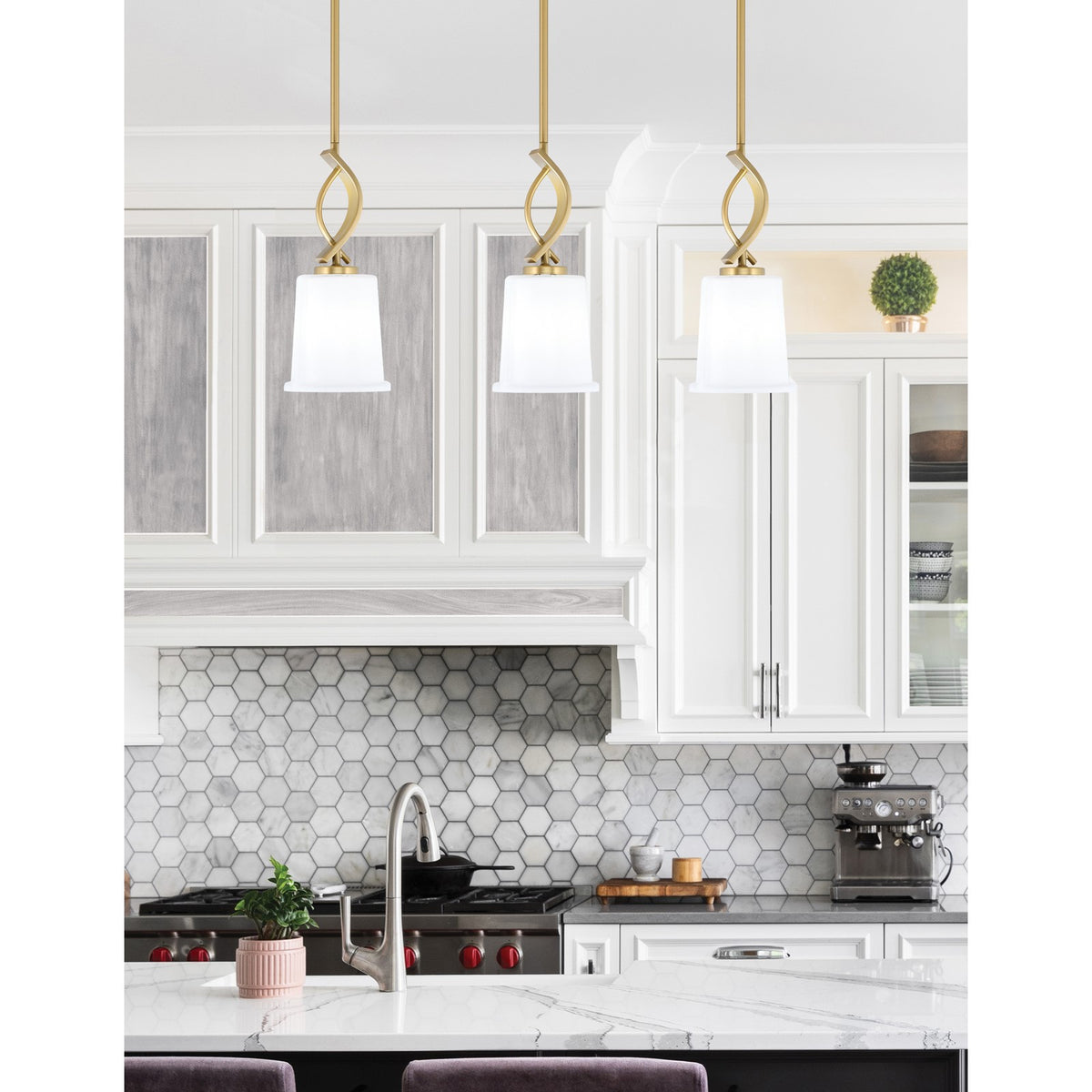 Toltec Cavella 5in 1-Light Mini Pendant | New Age Brass and White Opal Glass | Kitchen Island & Dining Room | 5 x 12.75 in | Model 3901-NAB-5031
