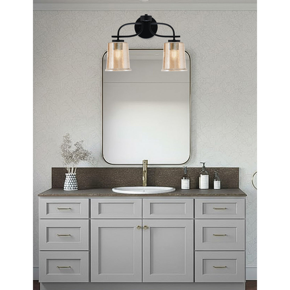 Toltec Cavella 12in 2-Light Bath Bar | Modern Matte Black and Amber Bubble Glass | Bathroom Vanity | 7.25 x 12 in | Model 3912-MB-5033