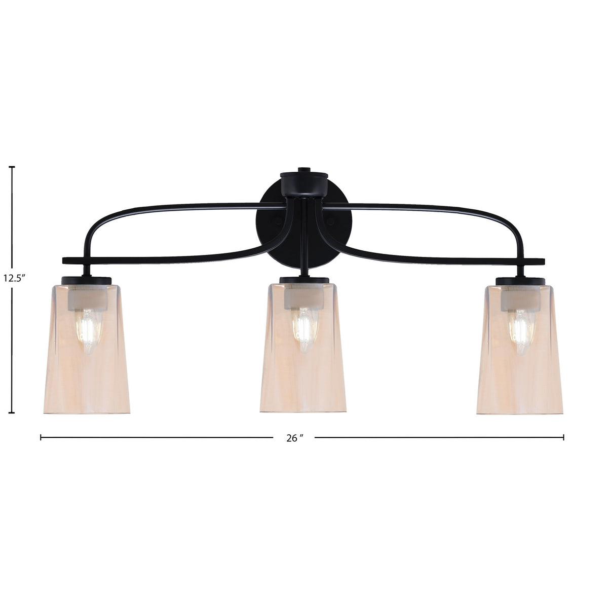 Toltec Cavella 12.5in 3-Light Bath Bar | Modern Matte Black Steel and Amber Gradient Glass | Bathroom Vanity | 7 x 12.5 in | Model 3913-MB-263