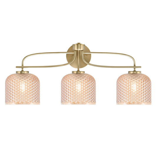 Toltec Cavella 27.5in 3-Light Vanity Light | Transitional New Age Brass Steel and Amber Textured Glass | Bathroom Vanity | 27.5 x 7.75 x 11.25 in | Model 3913-NAB-4613