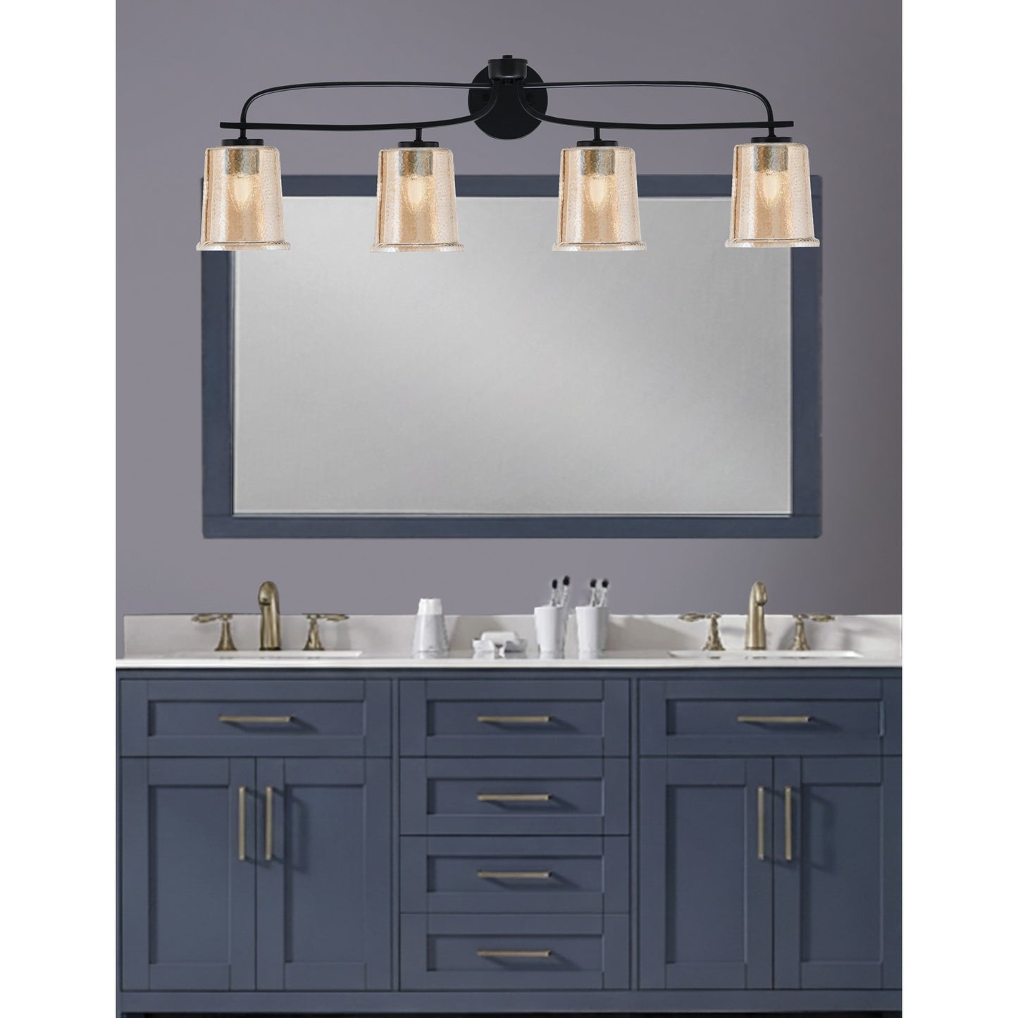 Toltec Cavella 32in 4-Light Bath Bar | Modern Matte Black and Amber Bubble Glass | Bathroom Vanity & Powder Room | 7.25 x 12 in | Model 3914-MB-5033