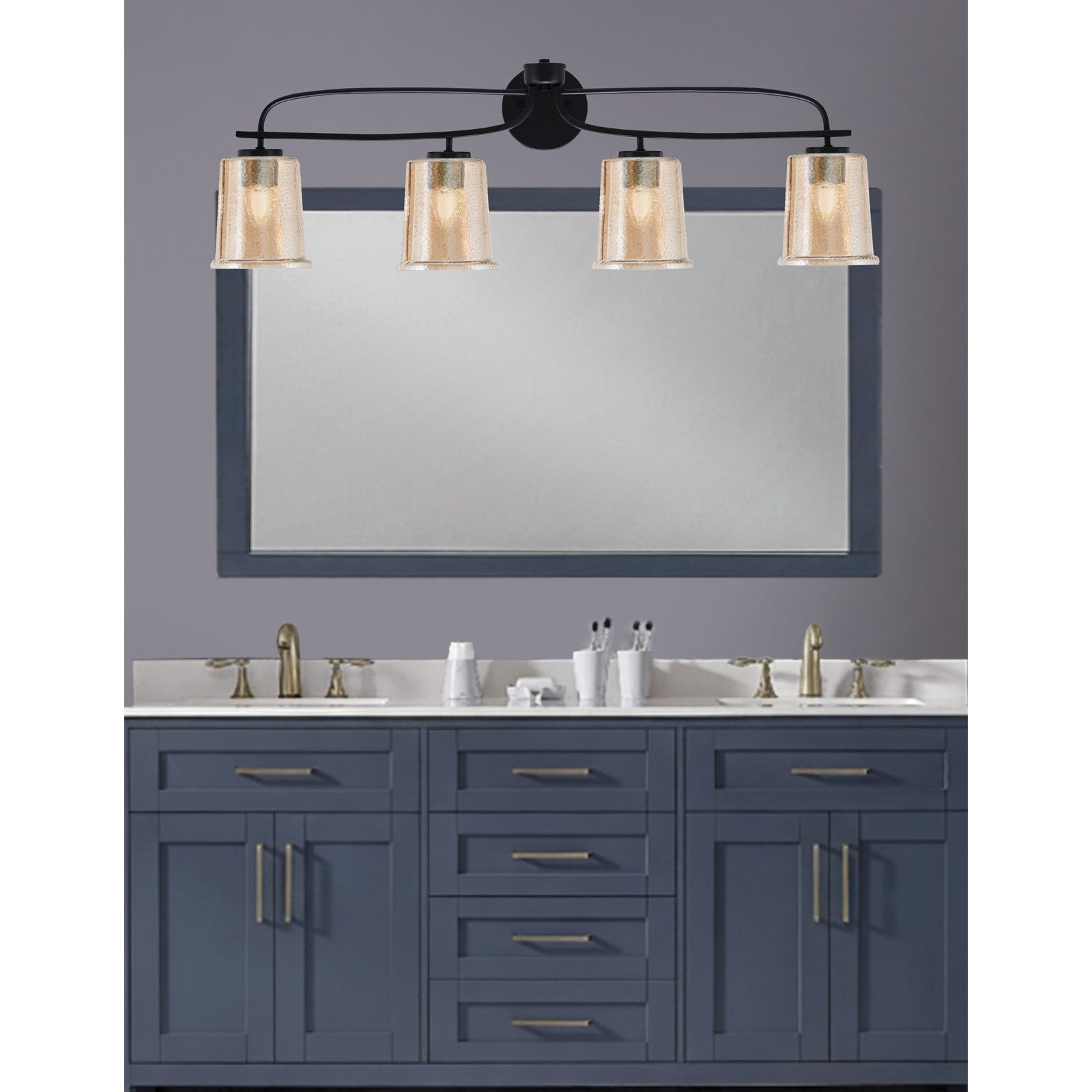 Toltec Cavella 32in 4-Light Bath Bar | Modern Matte Black and Amber Bubble Glass | Bathroom Vanity & Powder Room | 7.25 x 12 in | Model 3914-MB-5033