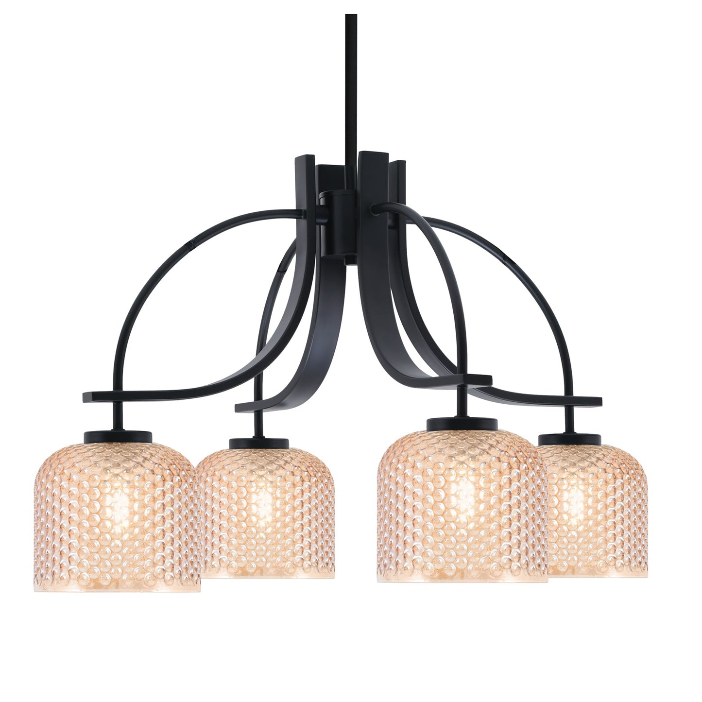 Toltec Cavella 25in 4-Light Downlight Chandelier | Industrial Matte Black Steel and Amber Textured Glass | Dining Room & Kitchen Island | Model 3924-MB-4613