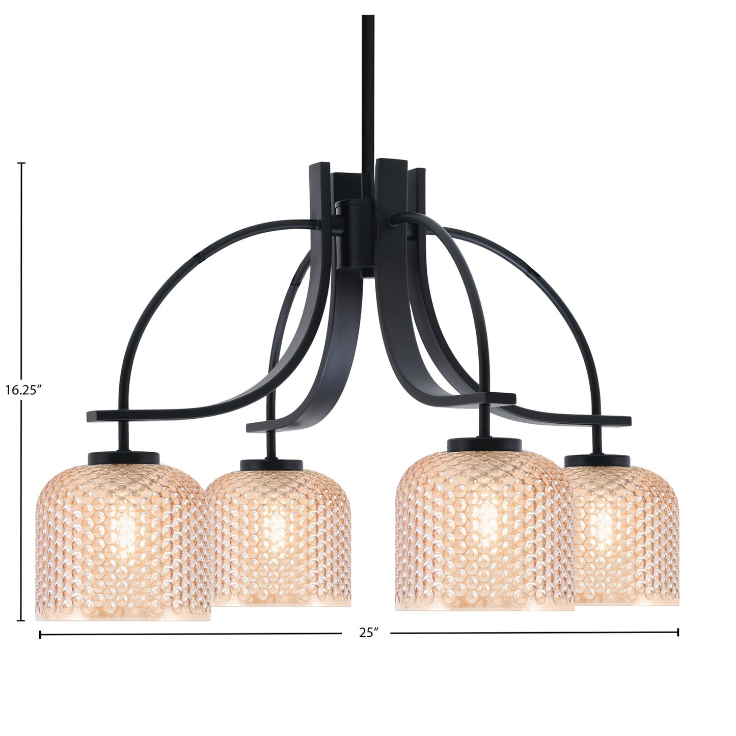 Toltec Cavella 25in 4-Light Downlight Chandelier | Industrial Matte Black Steel and Amber Textured Glass | Dining Room & Kitchen Island | Model 3924-MB-4613