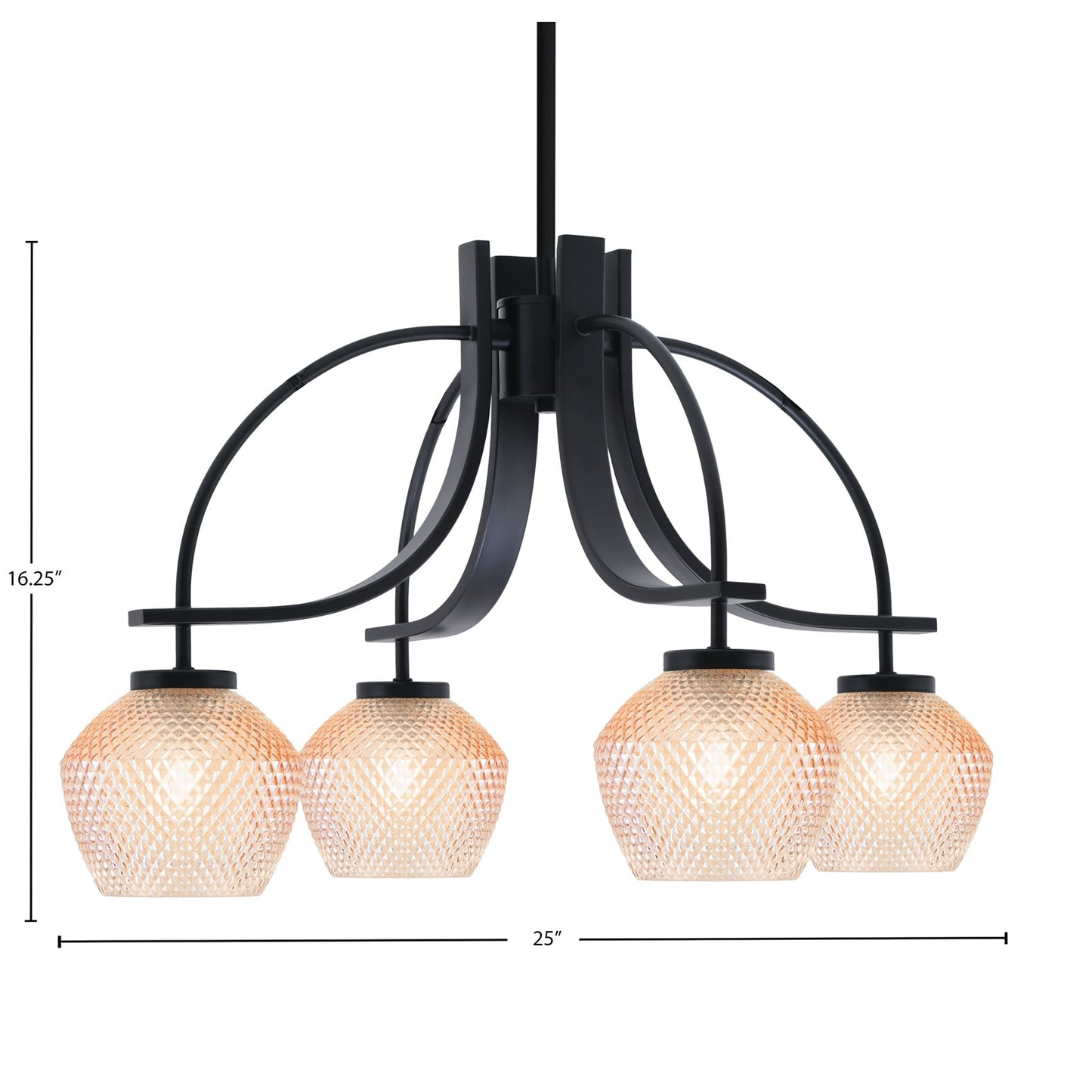 Toltec Cavella 25in 4-Light Downlight Chandelier | Matte Black Steel and Amber Textured Glass | Dining Room & Kitchen Island | 25 x 16.25 x 7.75 in | Model 3924-MB-4623