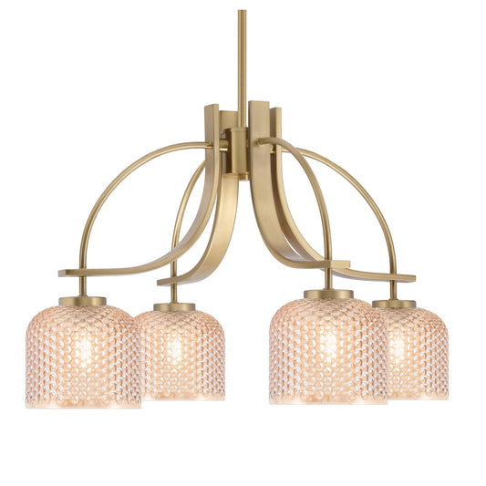 Toltec Cavella 25in 4-Light Downlight Chandelier | New Age Brass Steel and Amber Textured Glass | Dining Room & Kitchen Island | 25 x 25 x 16.25 in | Model 3924-NAB-4613