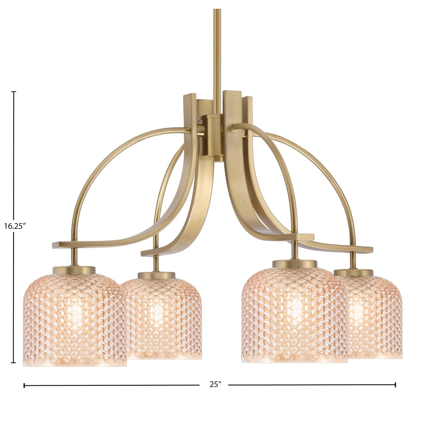Toltec Cavella 25in 4-Light Downlight Chandelier | New Age Brass Steel and Amber Textured Glass | Dining Room & Kitchen Island | 25 x 25 x 16.25 in | Model 3924-NAB-4613